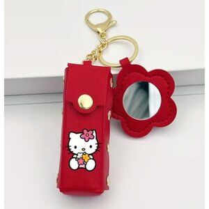 Hello Kitty Red Lipstick Case Keychain with Mini Mirror Cute Floral Design